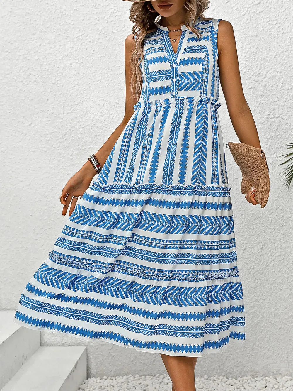 Perfee Frill Printed Notched Sleeveless Dress sold by Gigi Laurent product image thumbnail 3
