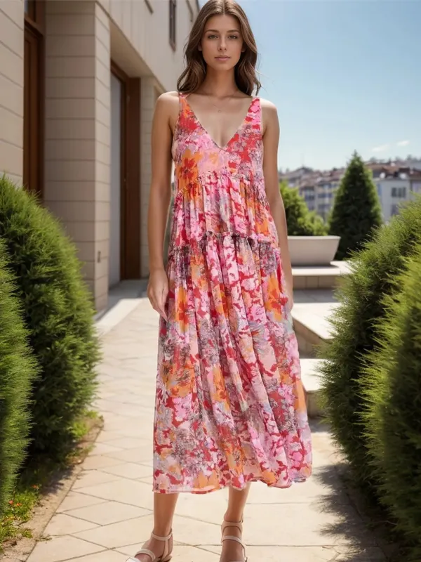 Tiered Printed V-Neck Sleeveless Dress sold by Gigi Laurent