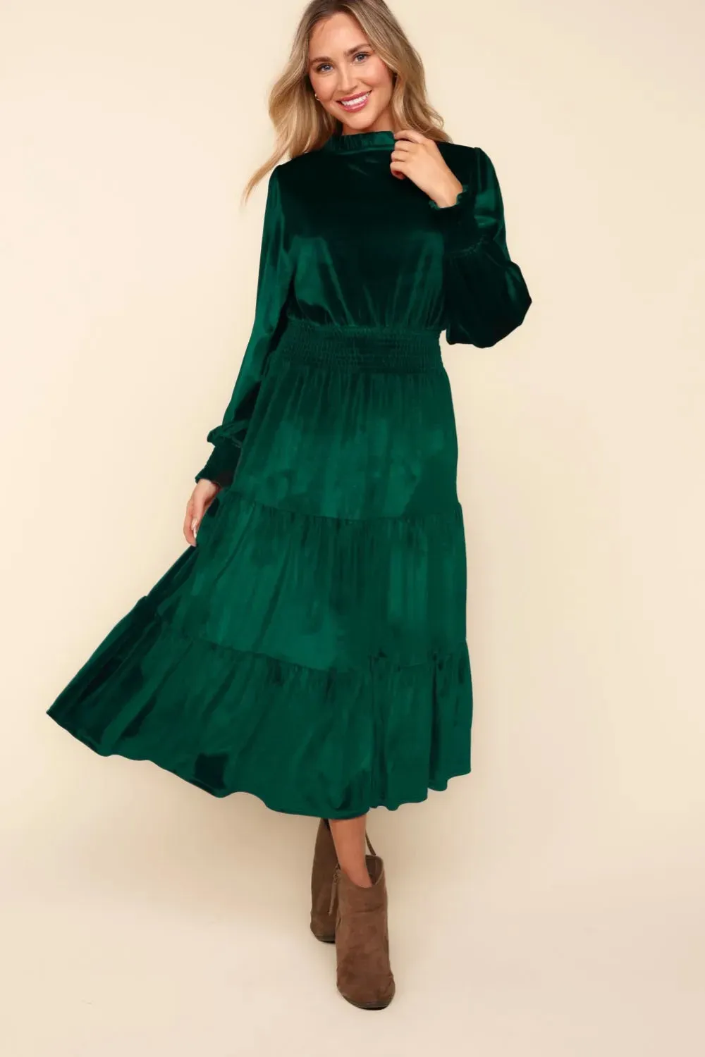 Haptics Mock Neck Smocked Waist Velvet Tiered Dress sold by Gigi Laurent