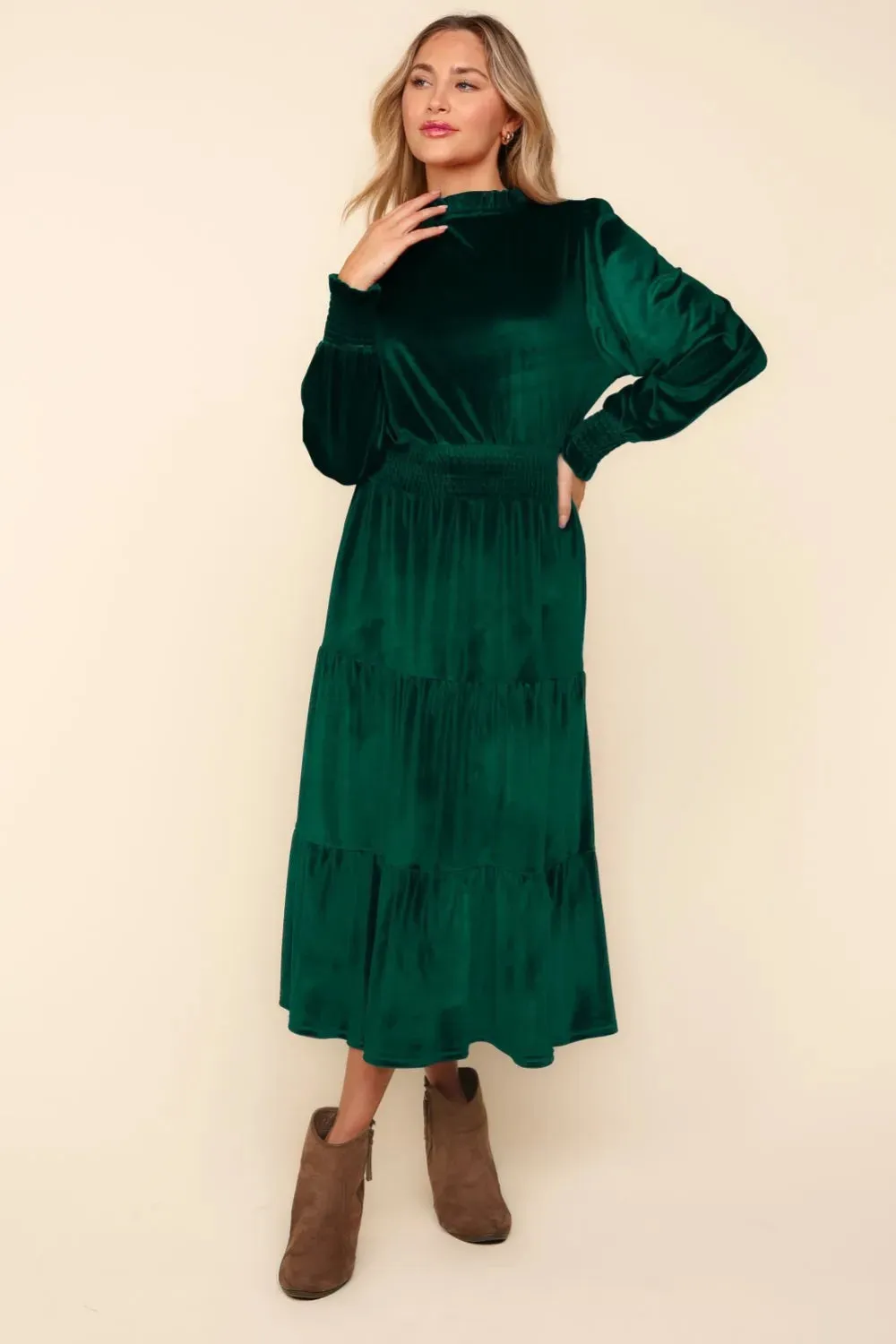 Haptics Mock Neck Smocked Waist Velvet Tiered Dress sold by Gigi Laurent product image thumbnail 2