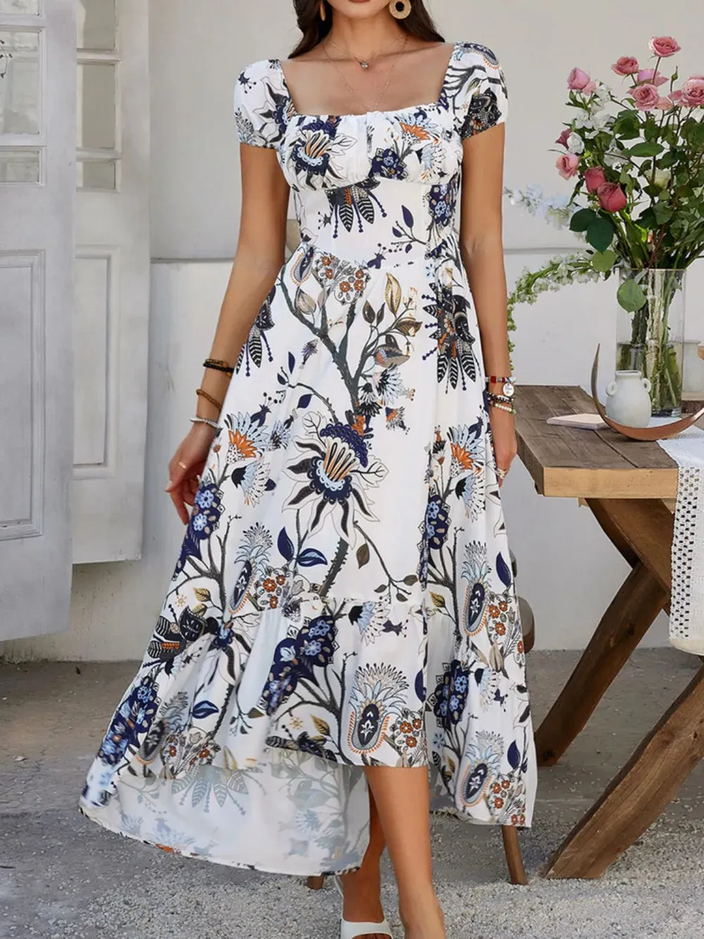 Devine Smocked Printed Short Sleeve Maxi Dress sold by Gigi Laurent