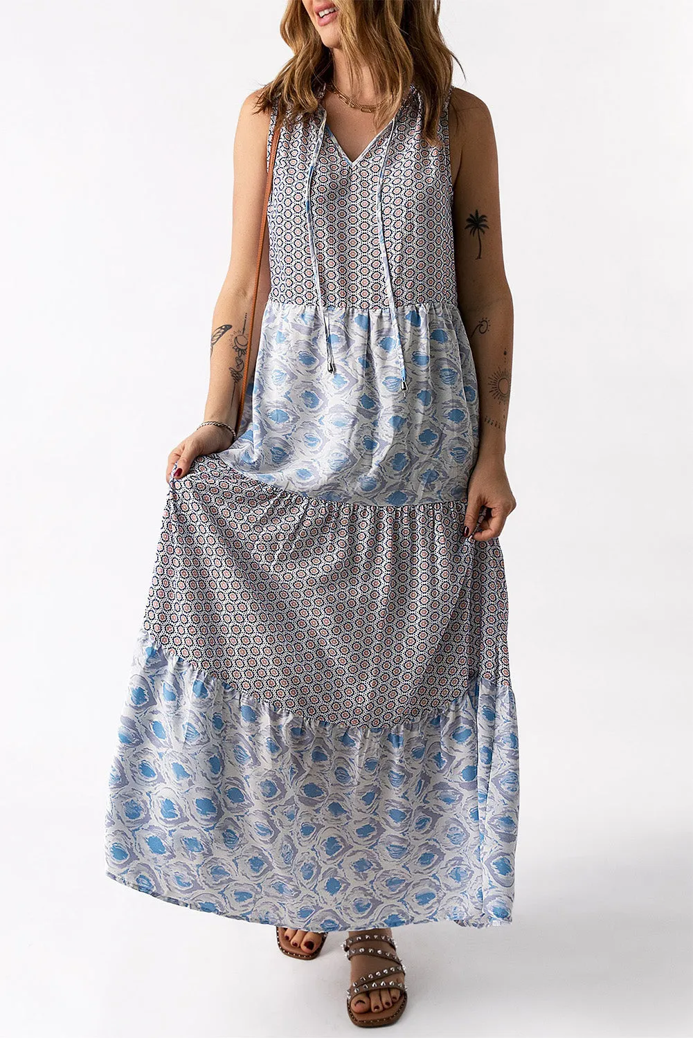 Mixed Print Tie-Neck Sleeveless Maxi Dress sold by Gigi Laurent product image thumbnail 5
