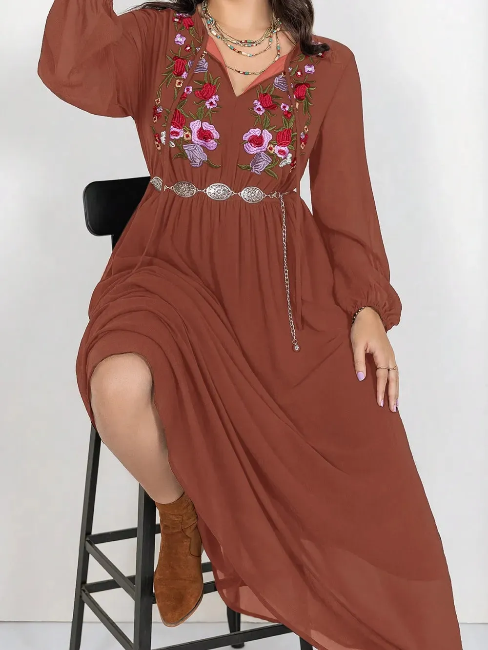 Plus Size Embroidered Tie Neck Long Sleeve Dress sold by Gigi Laurent product image thumbnail 3