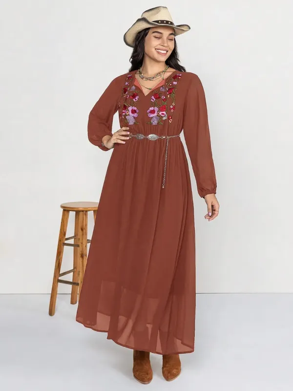Plus Size Embroidered Tie Neck Long Sleeve Dress sold by Gigi Laurent