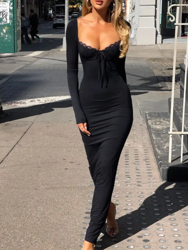 Devine Slit Lace Detail Sweetheart Neck Long Sleeve Maxi Dress sold by Gigi Laurent