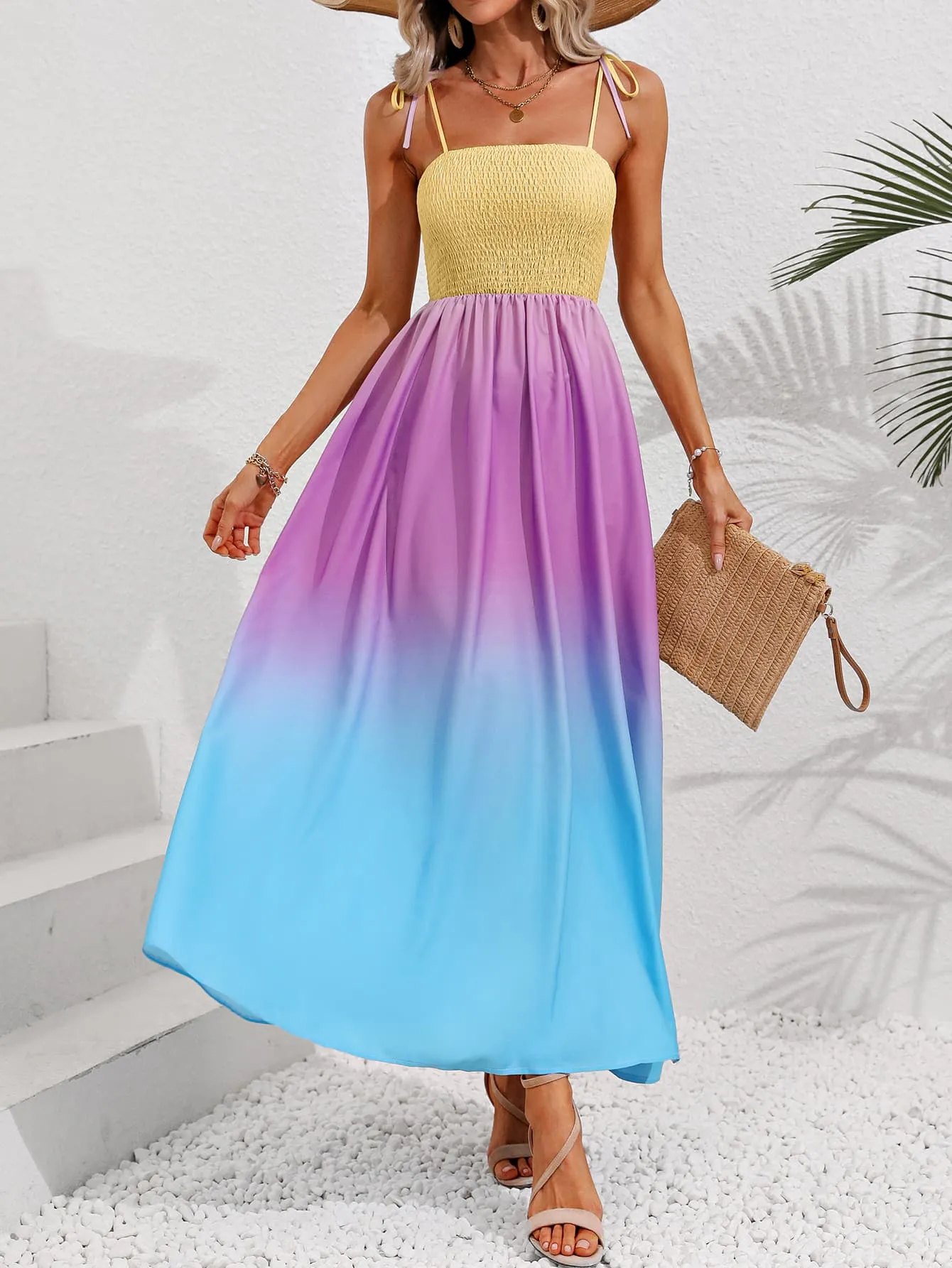 Honey Color Block Tie Shoulder Smocked Maxi Dress sold by Gigi Laurent product image thumbnail 3
