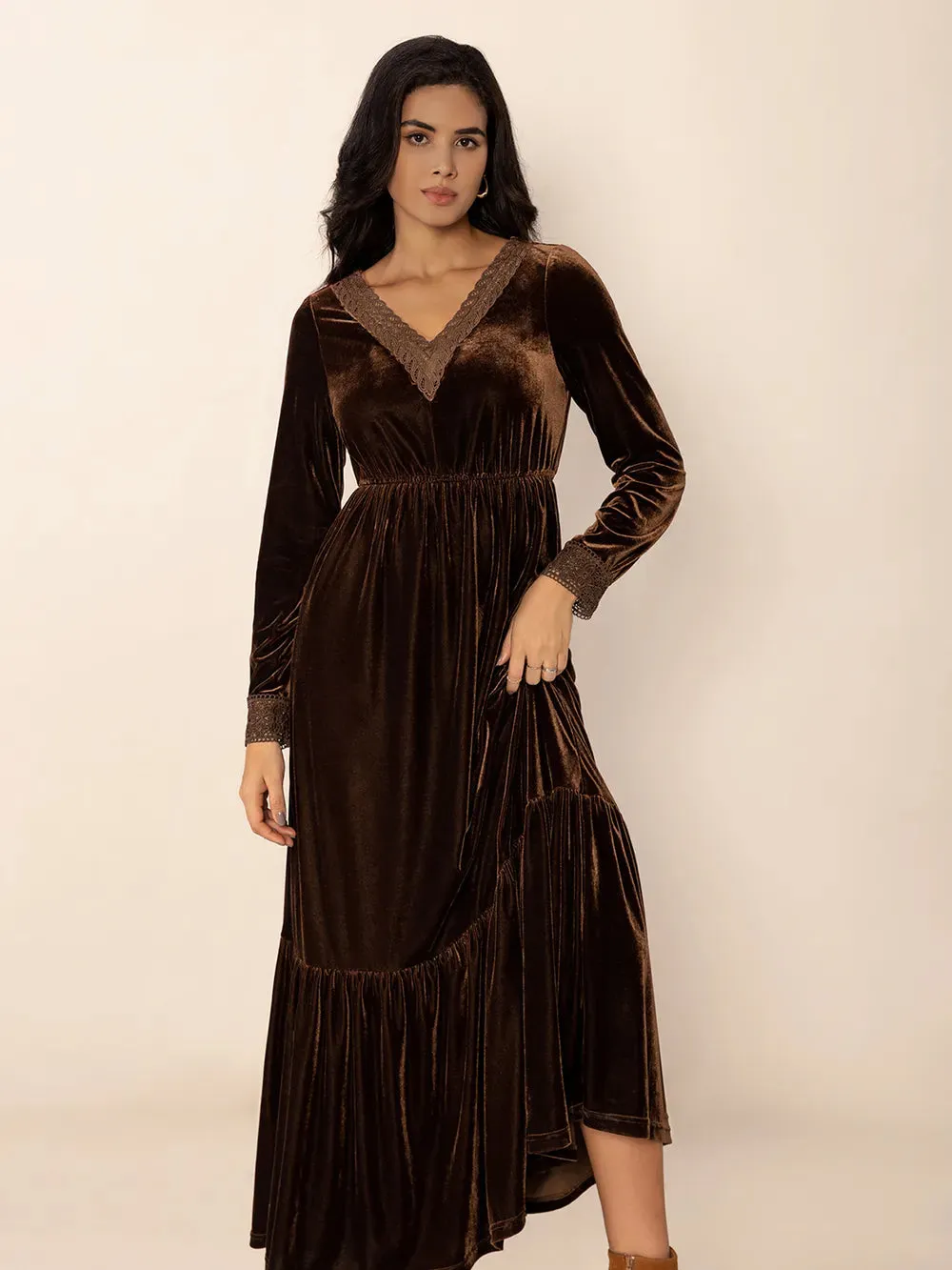 Lace Detail V-Neck Long Sleeve Maxi Dress sold by Gigi Laurent product image thumbnail 5