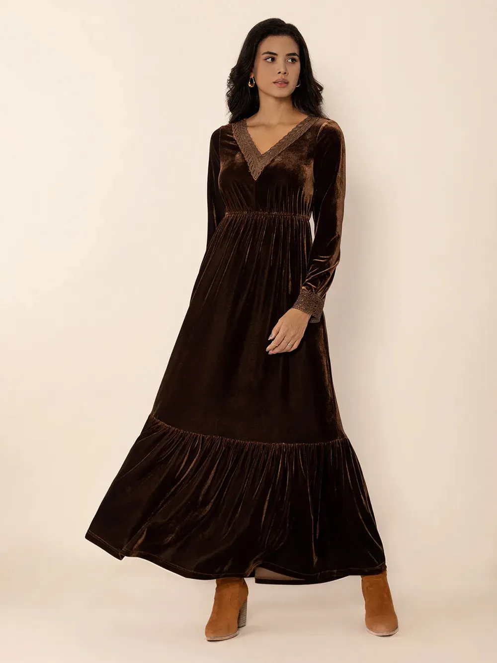 Lace Detail V-Neck Long Sleeve Maxi Dress sold by Gigi Laurent