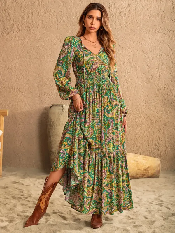 Printed Tie Neck Long Sleeve Dress sold by Gigi Laurent