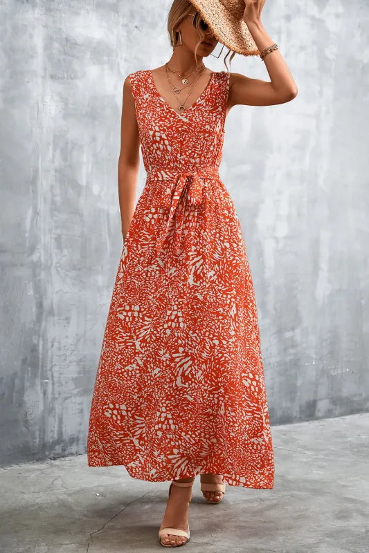 Printed V-Neck Tie Waist Maxi Dress sold by Gigi Laurent