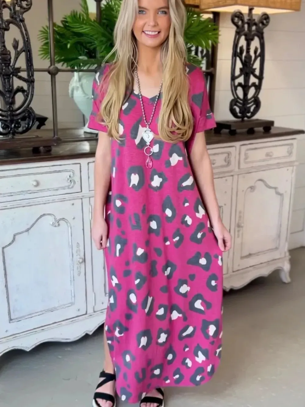 Leopard Slit V-Neck Short Sleeve Maxi Dress sold by Gigi Laurent product image thumbnail 3