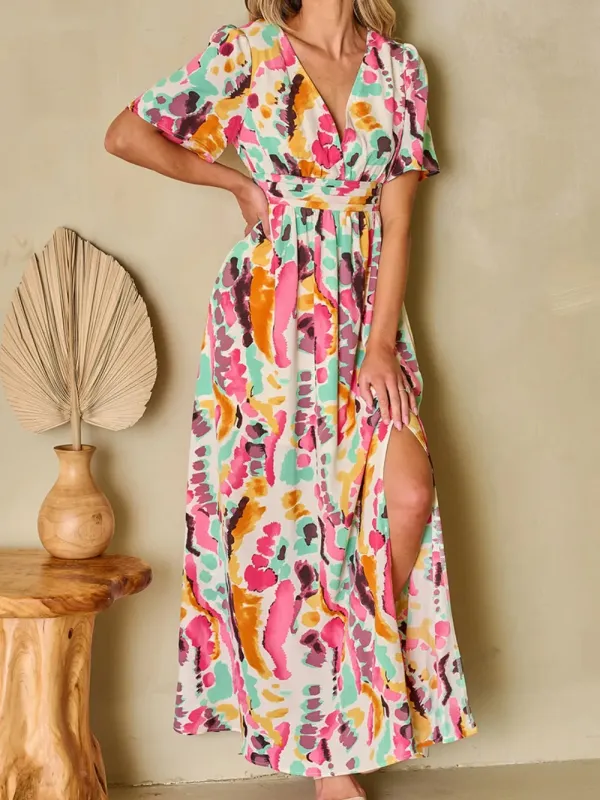 Slit Printed Surplice Short Sleeve Maxi Dress sold by Gigi Laurent