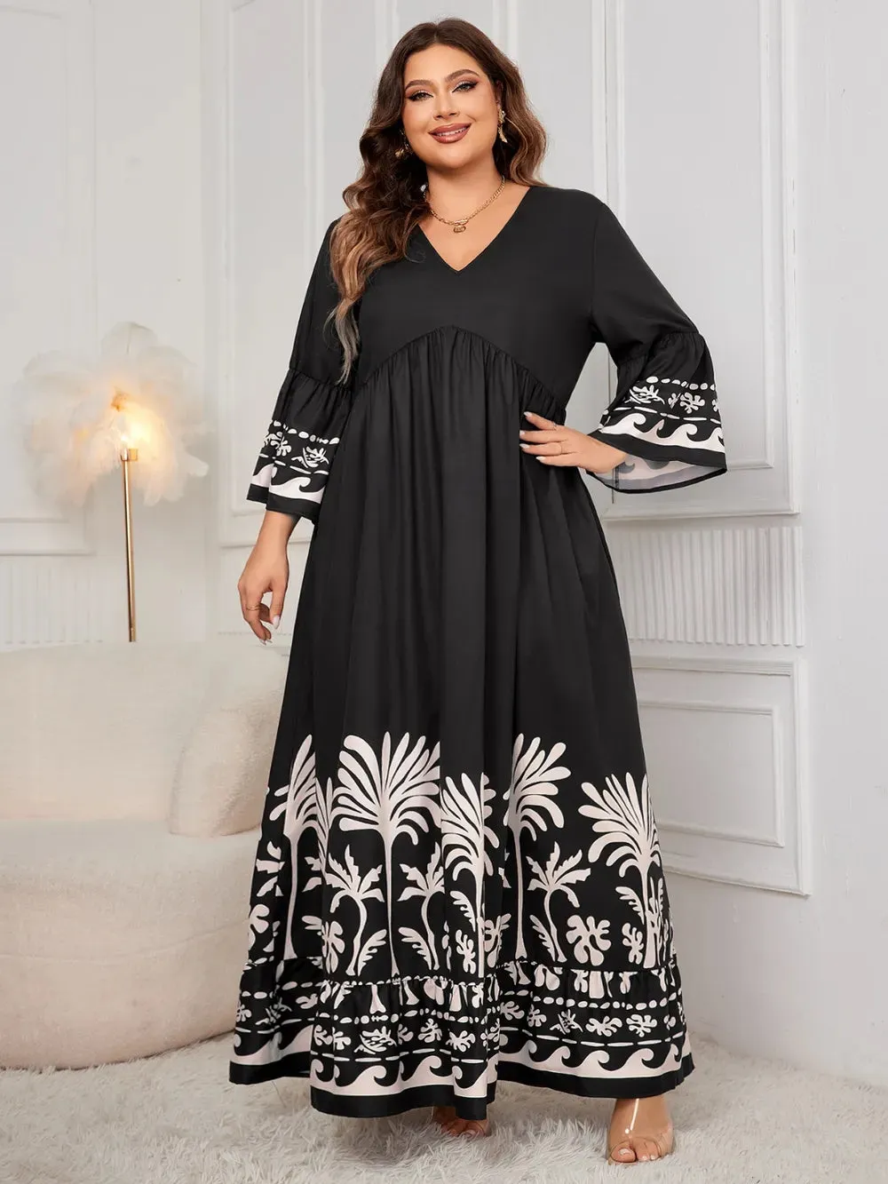 Honey Plus Size Printed V-Neck Long Sleeve Maxi Dress sold by Gigi Laurent