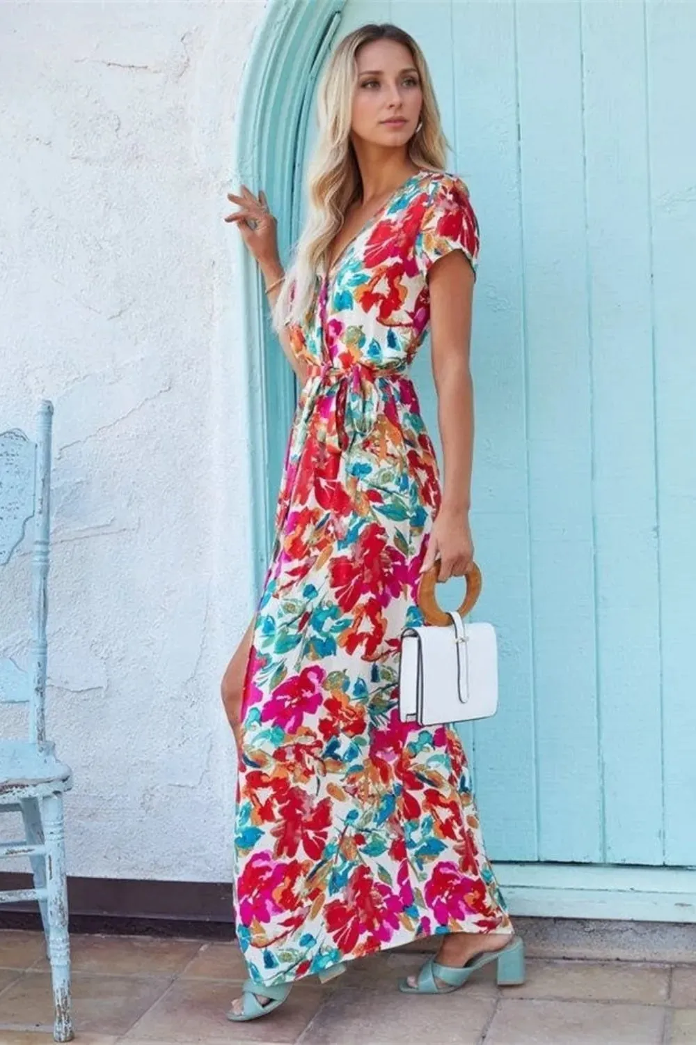 Printed Surplice Short Sleeve Tie Waist Maxi Dress sold by Gigi Laurent product image thumbnail 3