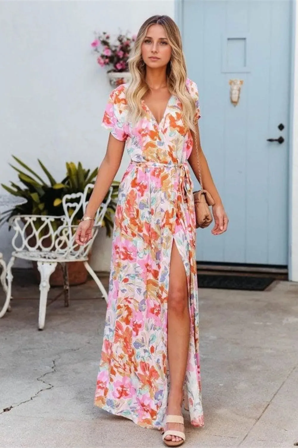 Printed Surplice Short Sleeve Tie Waist Maxi Dress sold by Gigi Laurent product image thumbnail 4