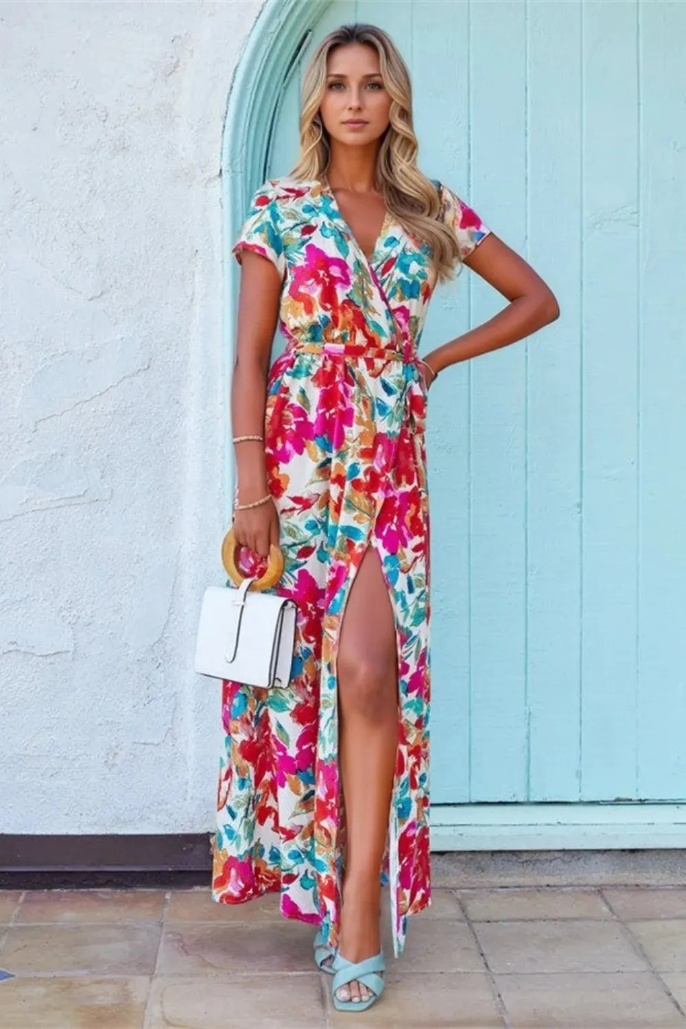 Printed Surplice Short Sleeve Tie Waist Maxi Dress sold by Gigi Laurent product image thumbnail 2
