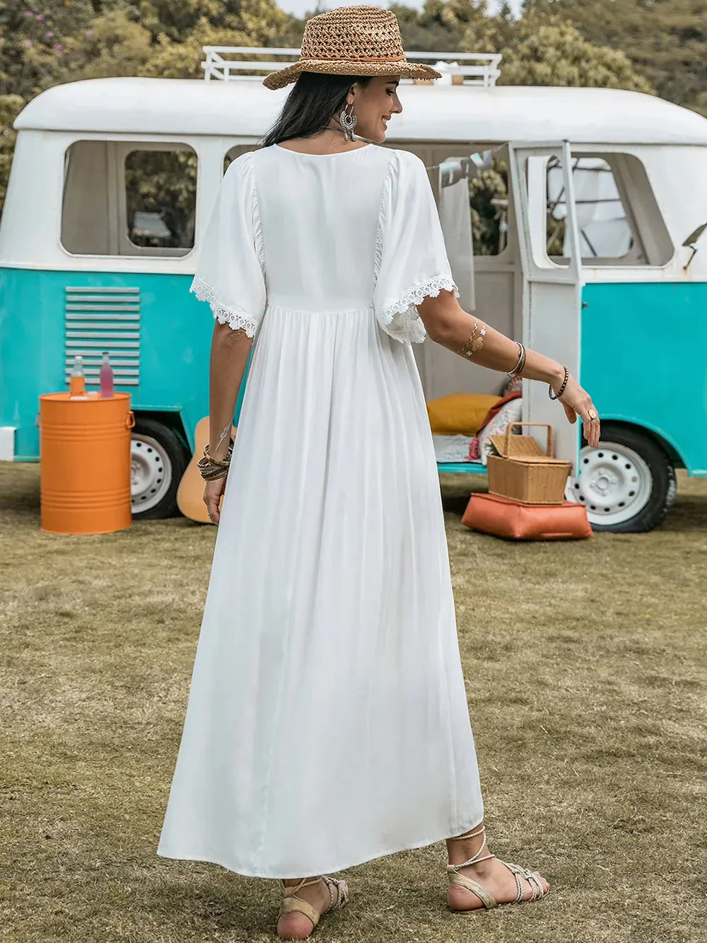 Lace Detail Eyelet V-Neck Half Sleeve Dress sold by Gigi Laurent product image thumbnail 2