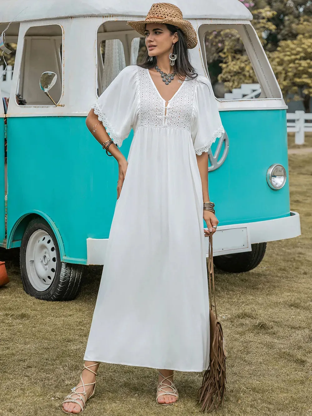 Lace Detail Eyelet V-Neck Half Sleeve Dress sold by Gigi Laurent product image thumbnail 5