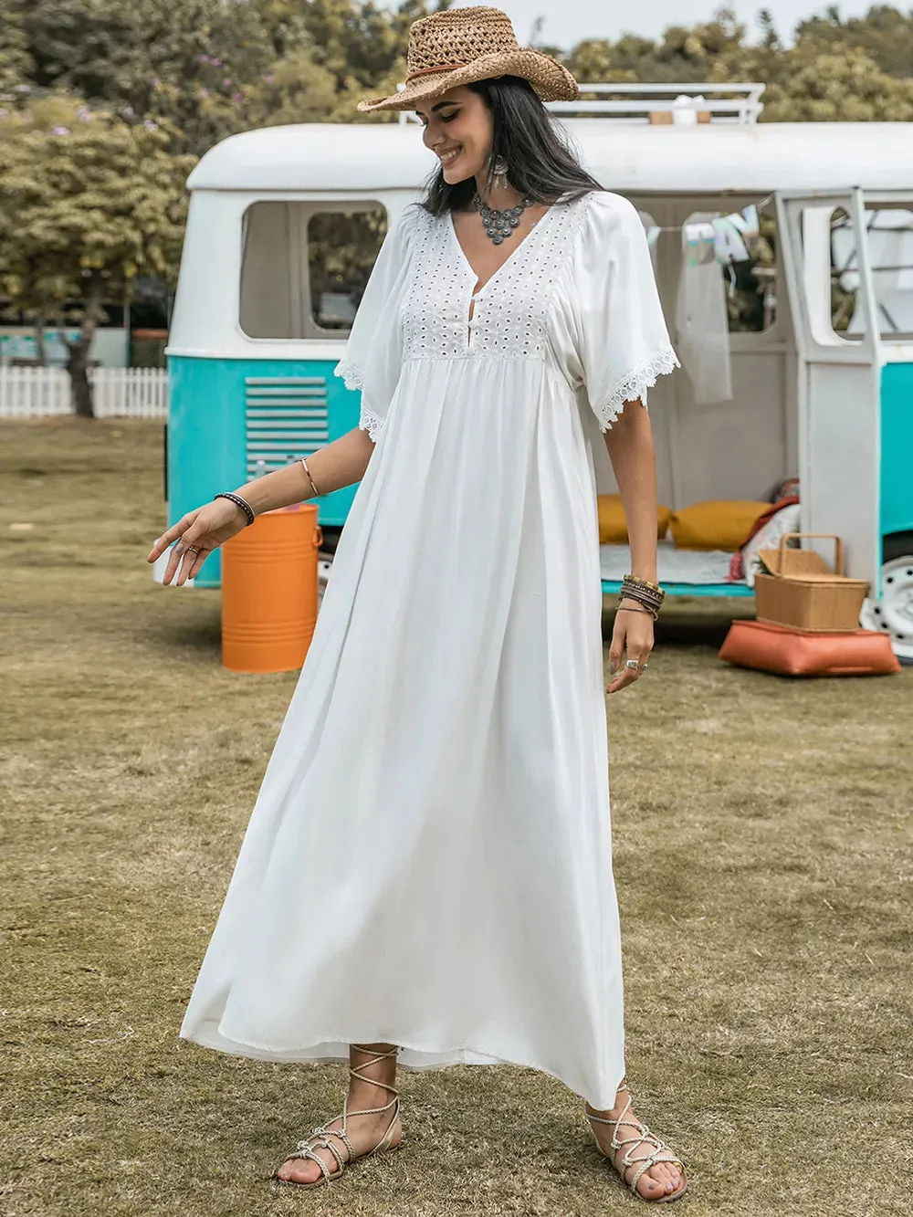 Lace Detail Eyelet V-Neck Half Sleeve Dress sold by Gigi Laurent