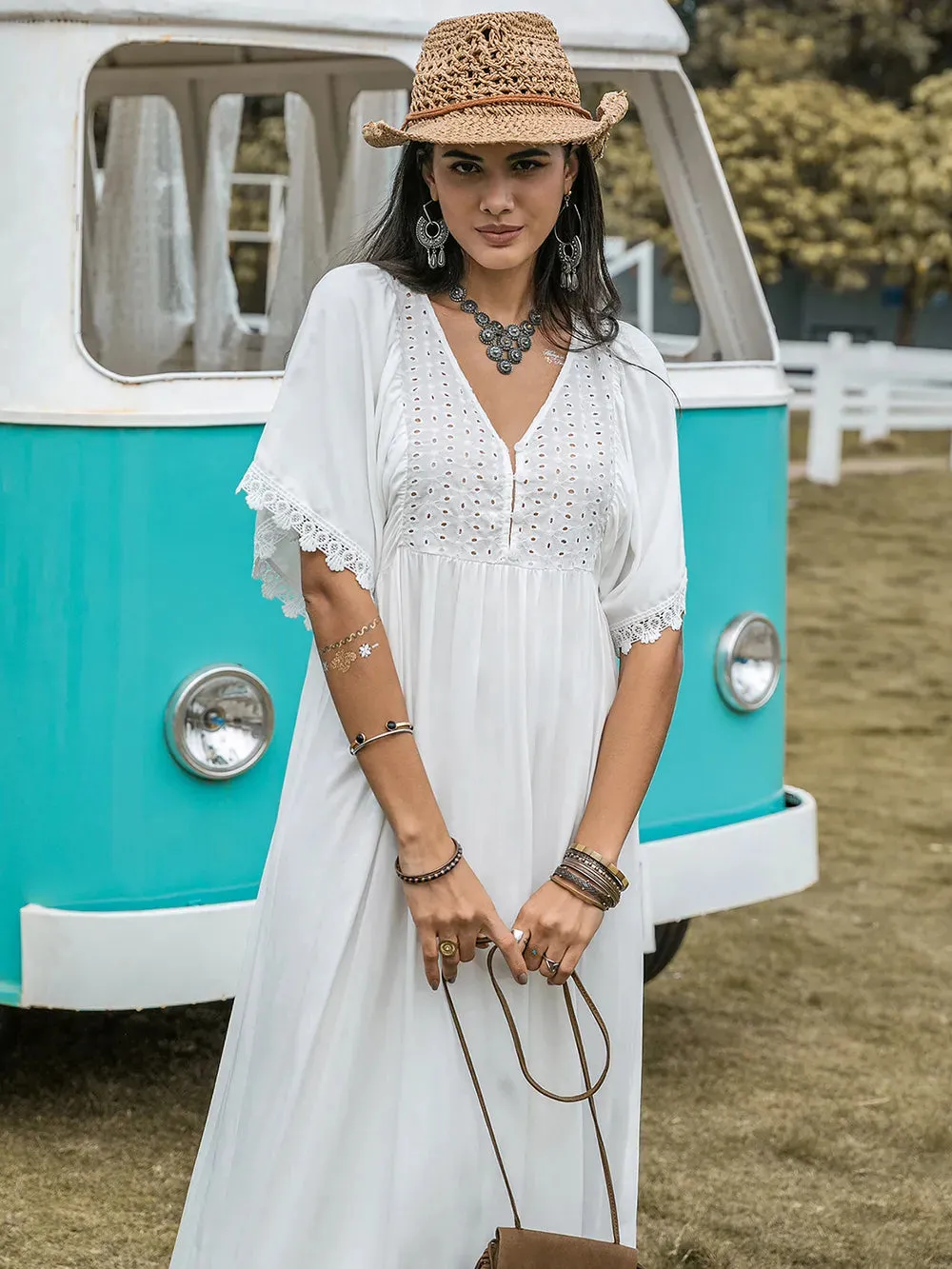 Lace Detail Eyelet V-Neck Half Sleeve Dress sold by Gigi Laurent product image thumbnail 3