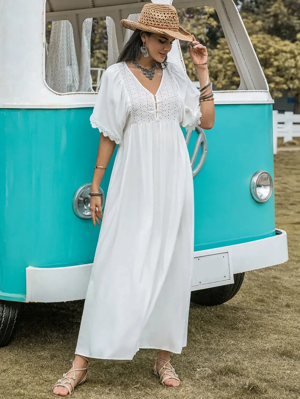 Lace Detail Eyelet V-Neck Half Sleeve Dress sold by Gigi Laurent product image thumbnail 4