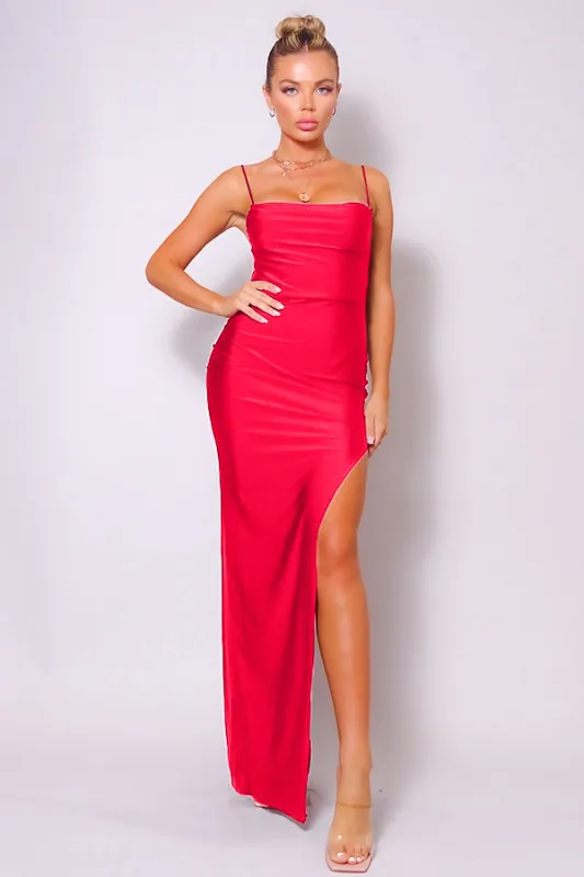 Spaghetti Strap Pleated Bust Front Slit Maxi Dress sold by Gigi Laurent