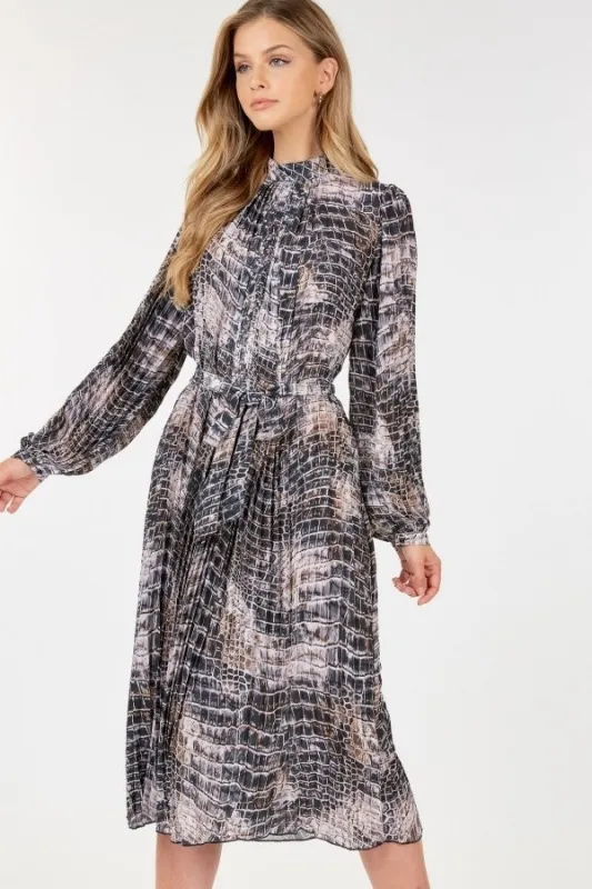 Long Sleeve Pleated Snake Skin Print Midi Dress sold by Gigi Laurent
