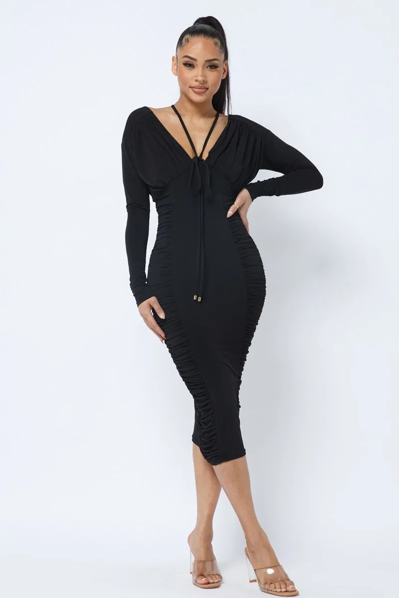 Long Sleeve Midi Dress With Low V Neck Front And Back With Ruching On Sides And Chest sold by Gigi Laurent product image thumbnail 2