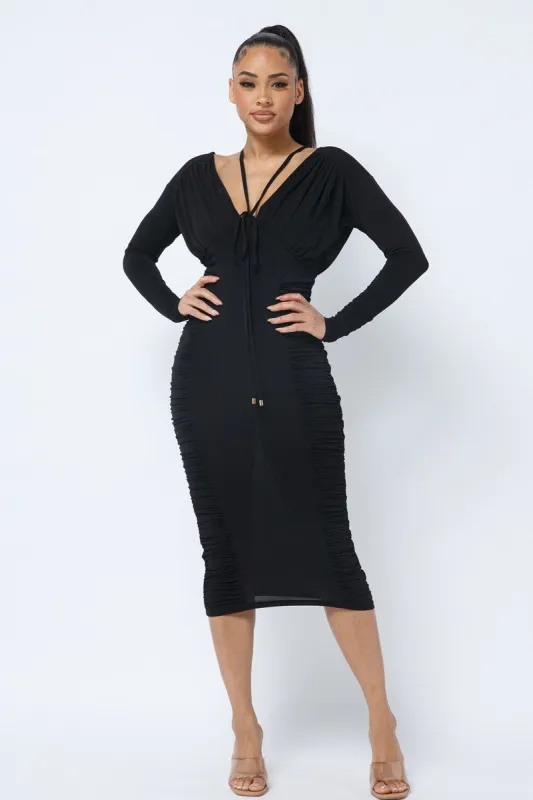 Long Sleeve Midi Dress With Low V Neck Front And Back With Ruching On Sides And Chest sold by Gigi Laurent