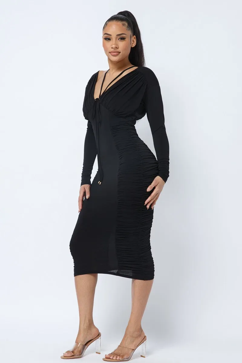 Long Sleeve Midi Dress With Low V Neck Front And Back With Ruching On Sides And Chest sold by Gigi Laurent product image thumbnail 3