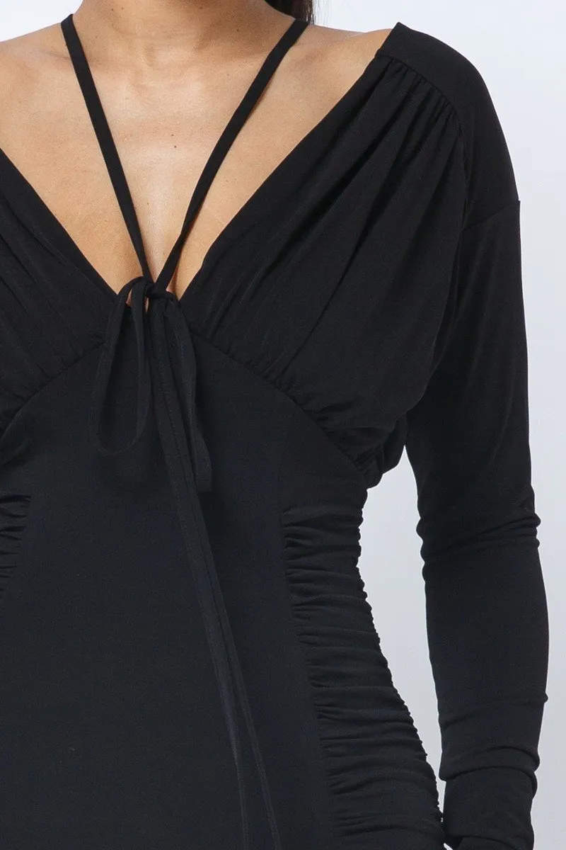 Long Sleeve Midi Dress With Low V Neck Front And Back With Ruching On Sides And Chest sold by Gigi Laurent product image thumbnail 5