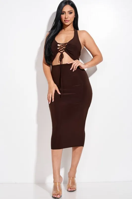 Solid Halter Neck Midi Dress With Criss Cross Front And Cutout sold by Gigi Laurent