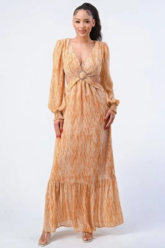 Printed V Neck Self Belted Side Cut Out Ruffled Maxi Dress sold by Gigi Laurent