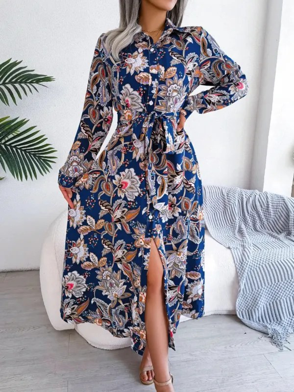 Tied Printed Long Sleeve Midi Dress sold by Gigi Laurent