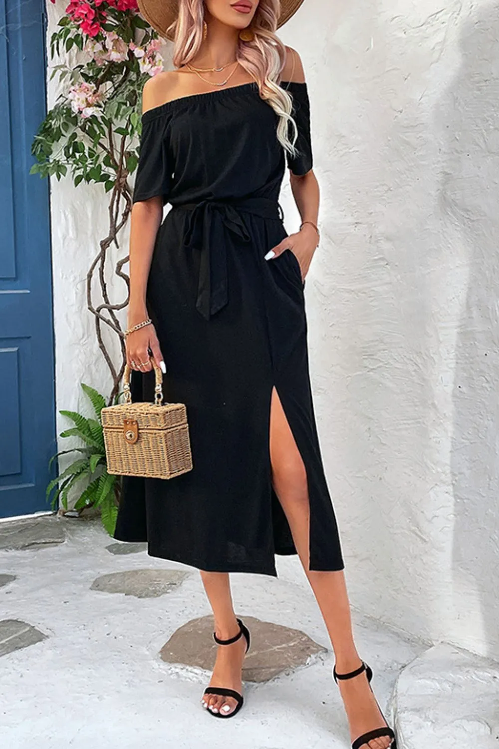 Perfee Tie-Waist Off-Shoulder Split Dress sold by Gigi Laurent product image thumbnail 4