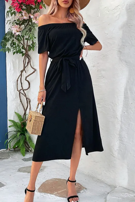 Perfee Tie-Waist Off-Shoulder Split Dress sold by Gigi Laurent