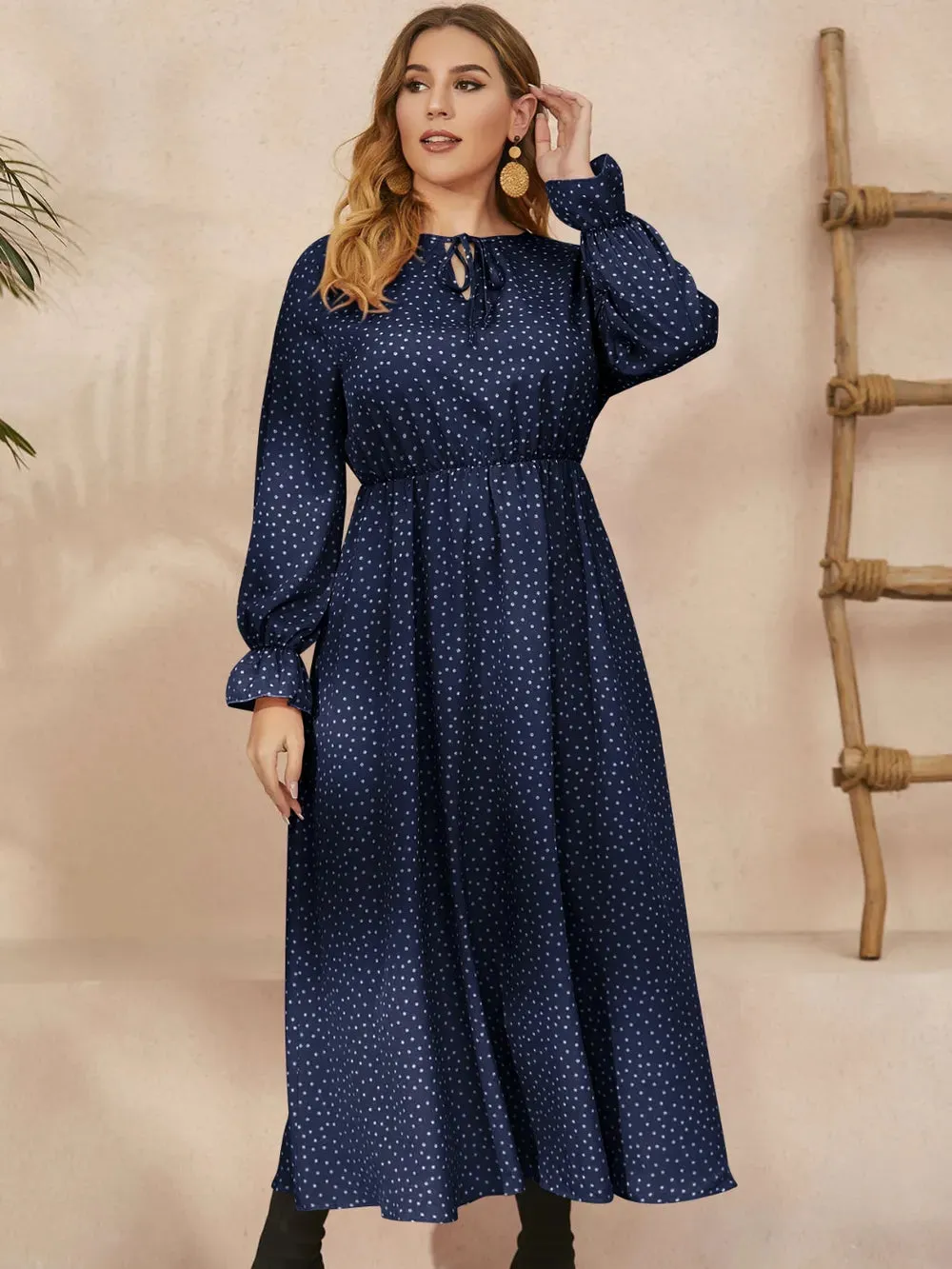 Honey Plus Size Ruffled Polka Dot Long Sleeve Midi Dress sold by Gigi Laurent
