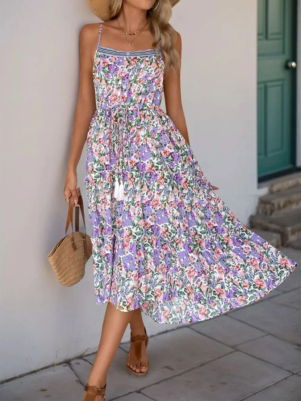 Perfee Decor Button Printed Sleeveless Tiered Midi Dress sold by Gigi Laurent product image thumbnail 3