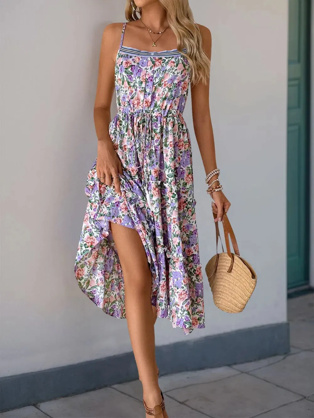 Perfee Decor Button Printed Sleeveless Tiered Midi Dress sold by Gigi Laurent product image thumbnail 4
