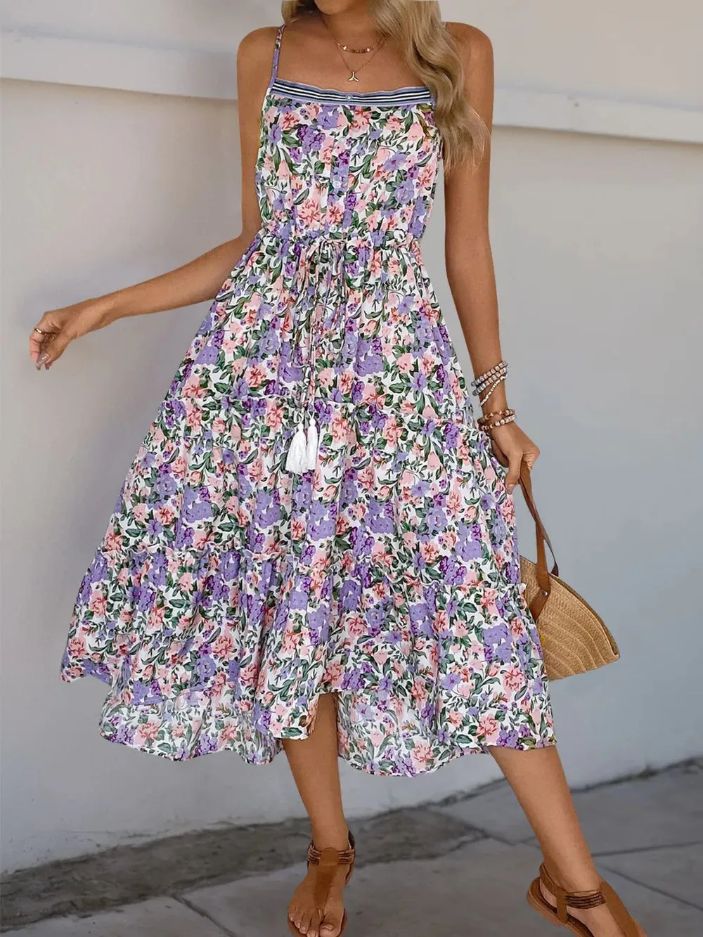 Perfee Decor Button Printed Sleeveless Tiered Midi Dress sold by Gigi Laurent