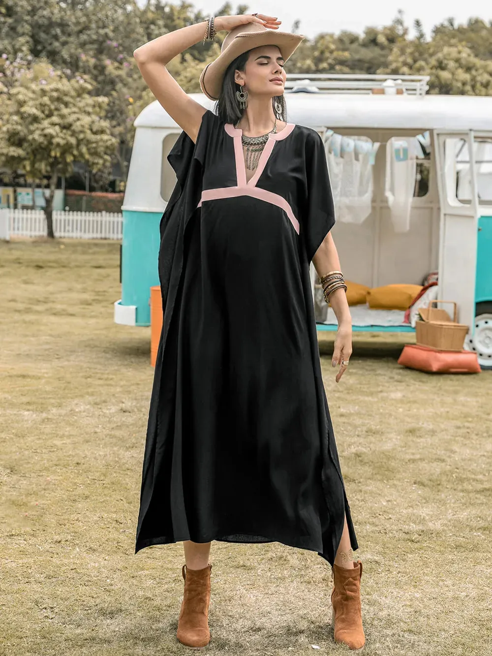 Contrast Trim Notched Slit Short Sleeve Midi Dress sold by Gigi Laurent