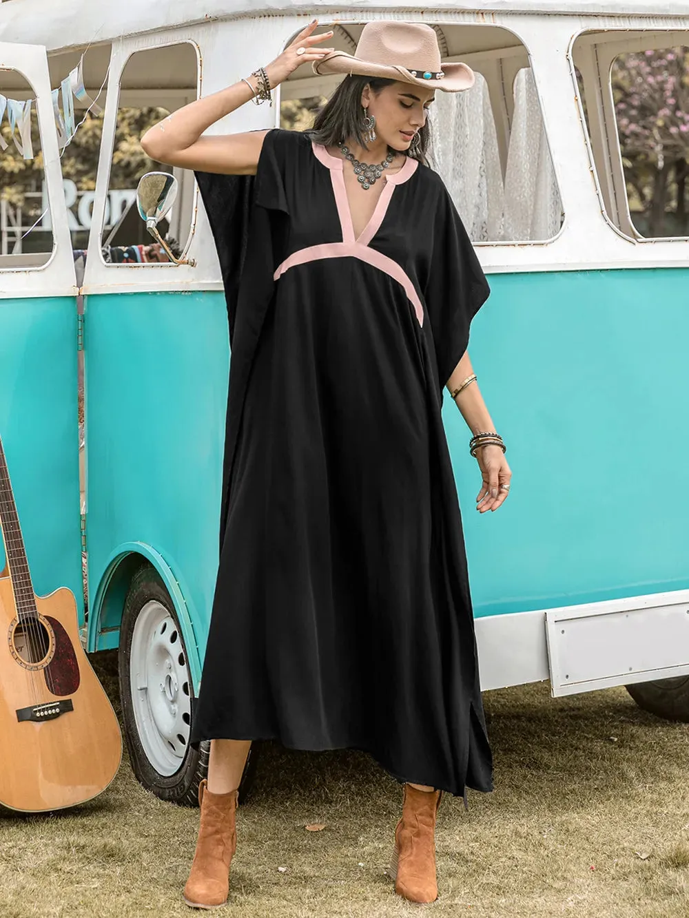 Contrast Trim Notched Slit Short Sleeve Midi Dress sold by Gigi Laurent product image thumbnail 5