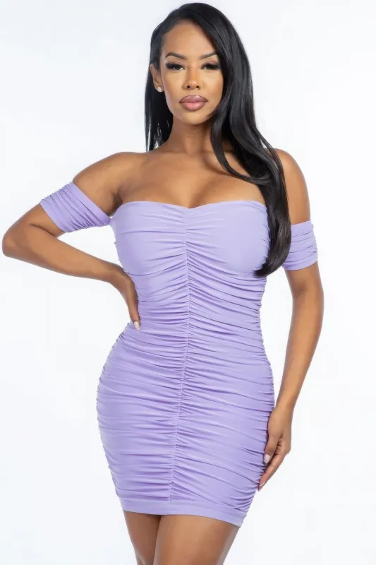 Solid Off The Shoulder Ruched Mini Dress sold by Gigi Laurent