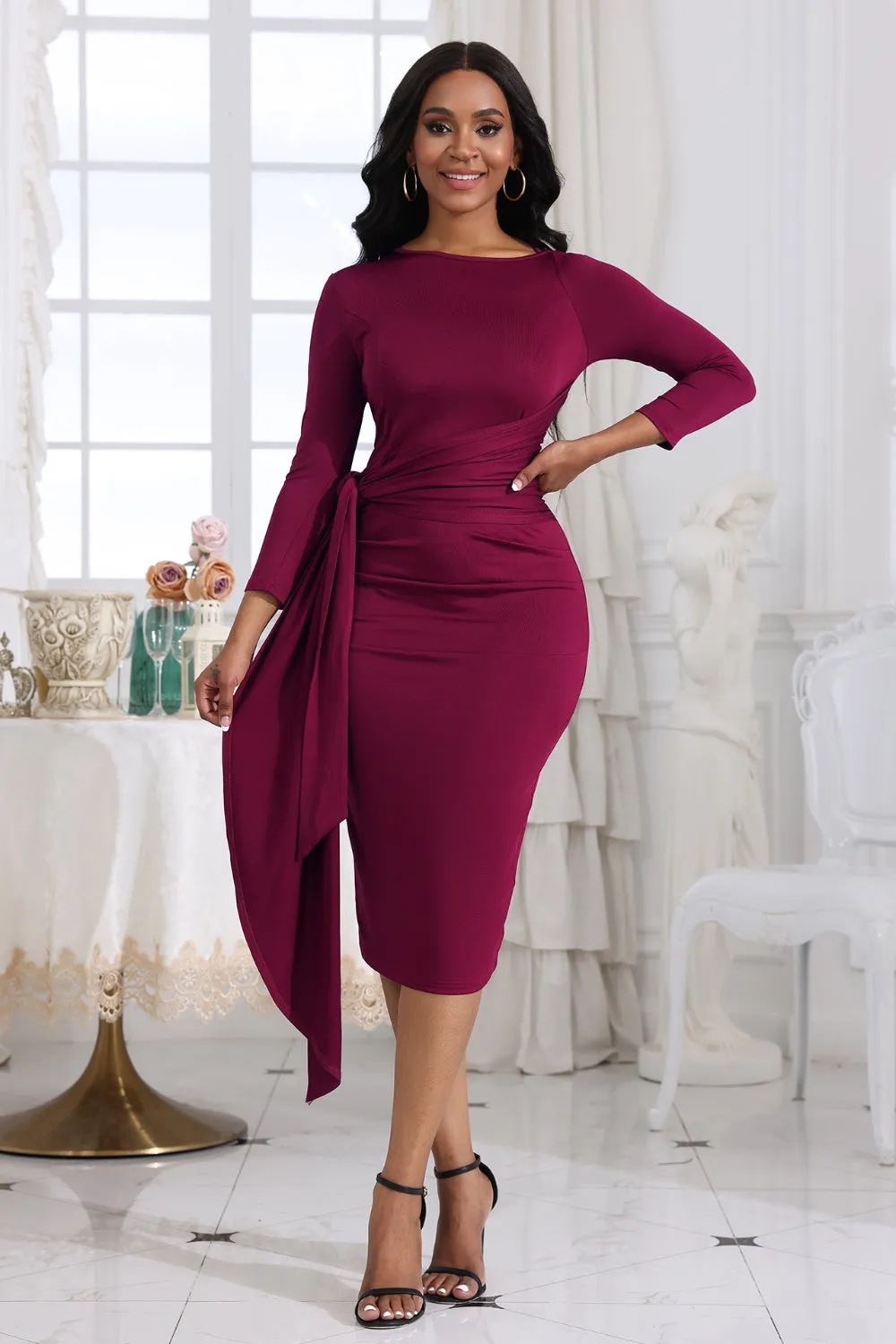 Tie Detail Round Neck Midi Dress sold by Gigi Laurent