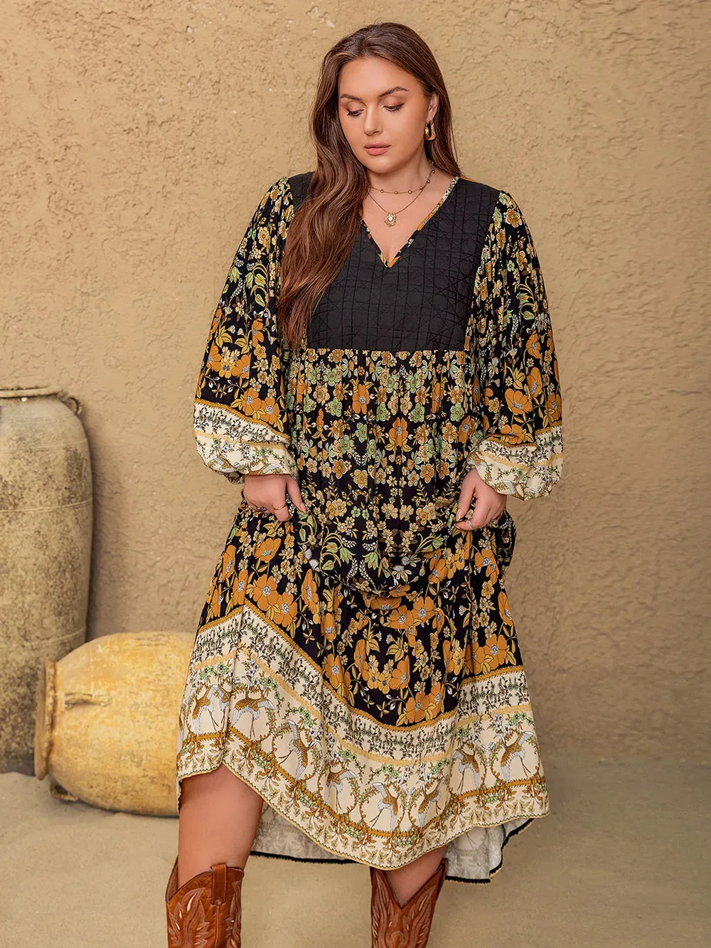 Plus Size Floral V-Neck Balloon Sleeve Midi Dress sold by Gigi Laurent product image thumbnail 3