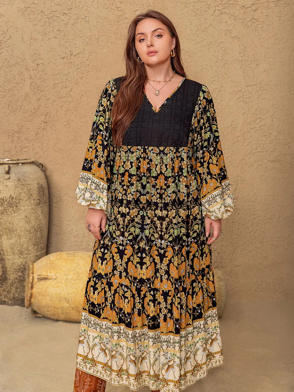 Plus Size Floral V-Neck Balloon Sleeve Midi Dress sold by Gigi Laurent