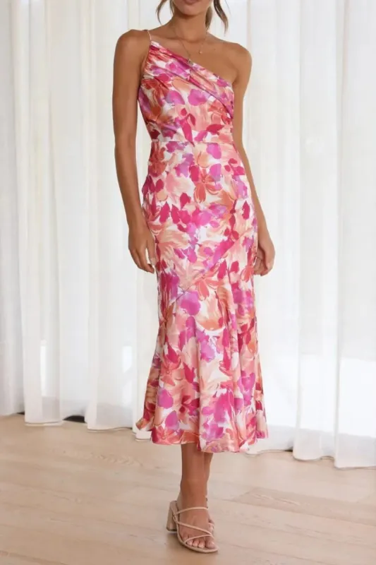 Ruched Printed Single Shoulder Midi Dress sold by Gigi Laurent