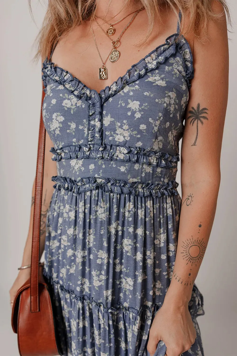 Floral Spaghetti Strap Frilled V Neck Tiered Midi Dress sold by Gigi Laurent product image thumbnail 5