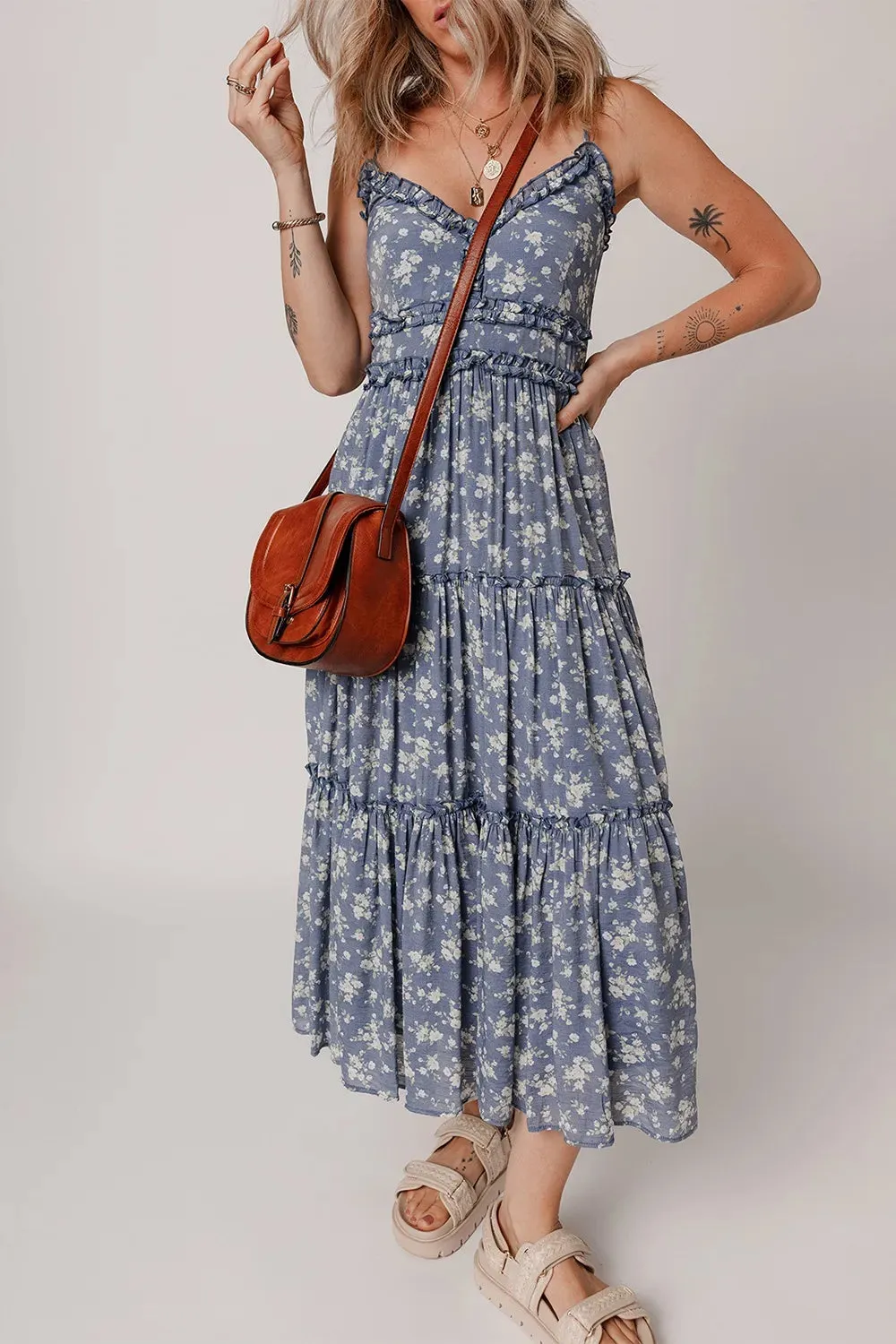 Floral Spaghetti Strap Frilled V Neck Tiered Midi Dress sold by Gigi Laurent product image thumbnail 3