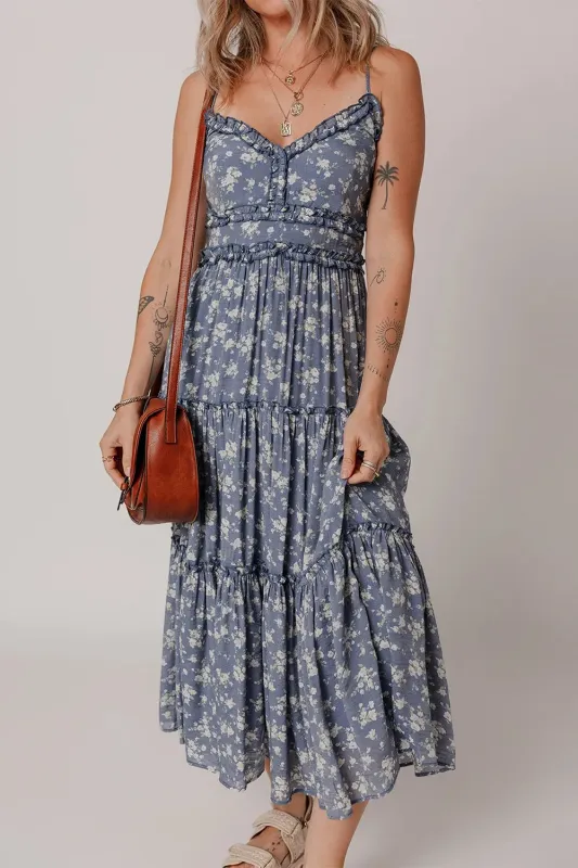 Floral Spaghetti Strap Frilled V Neck Tiered Midi Dress sold by Gigi Laurent